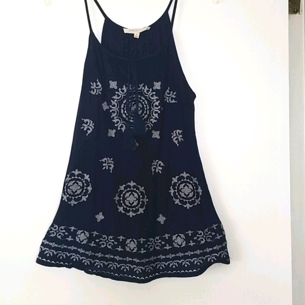 Solitaire Boho Blue & Silver Metallic Print Halter Spaghetti Strap Blouse size S
